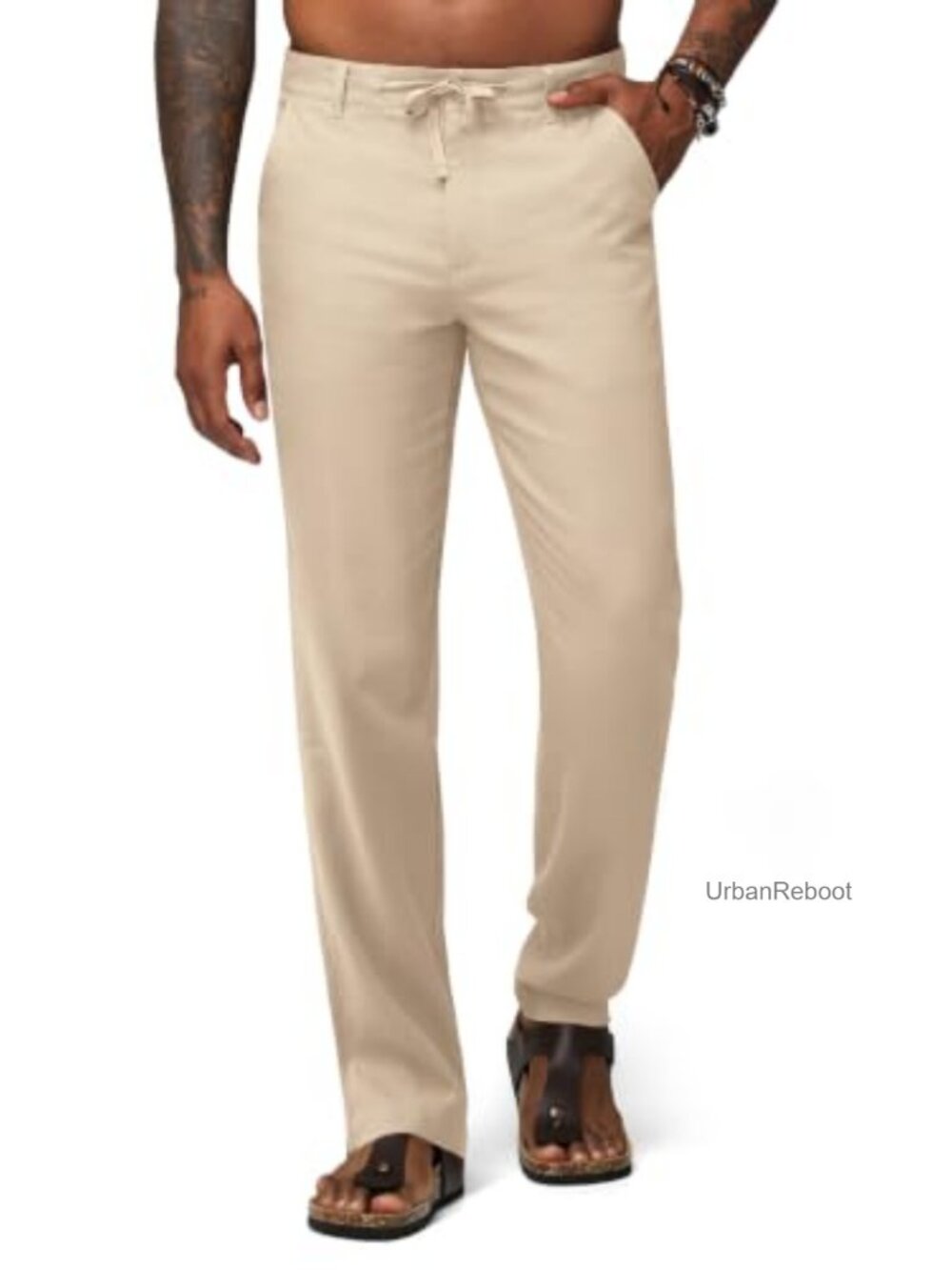 Men's Linen Pants with Drawstring Pockets Straight Leg
